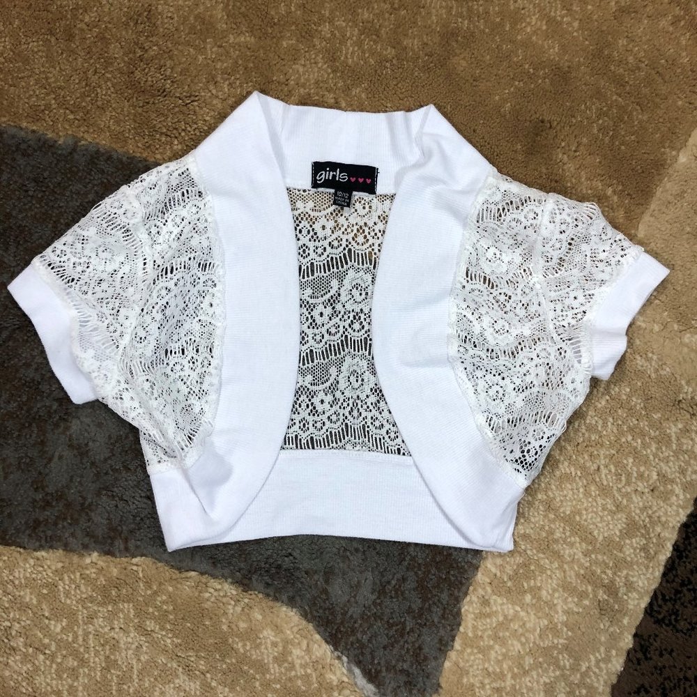 Girls White Lace Short Sleeve Shawl, Size 10/12